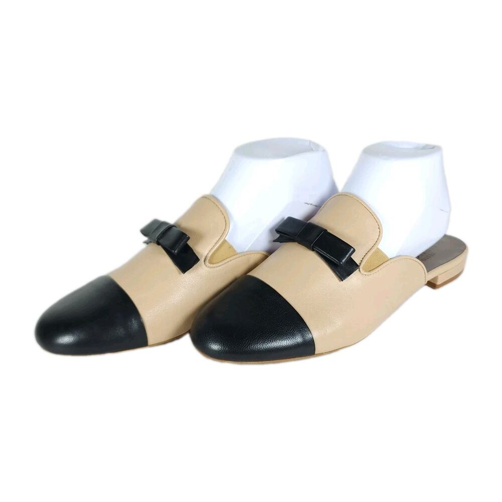 Sesto Meucci Women's Karina US9M Beige Leather Bow Cap Toe Mules Loafer Shoes
